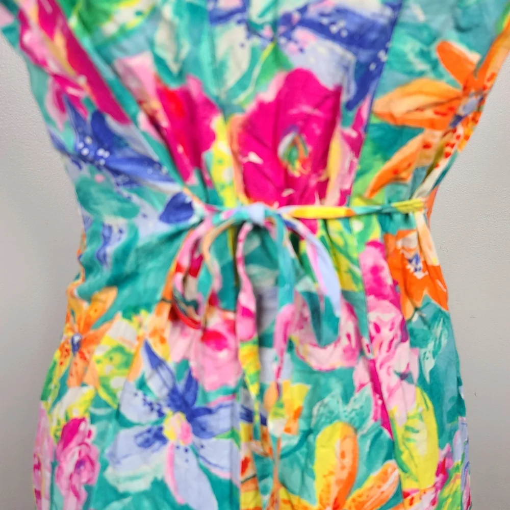 Vtg 80's/90's Jams World Bright Floral Tropical Print Back Tie Sash Midi Dress S - Picture 10 of 14